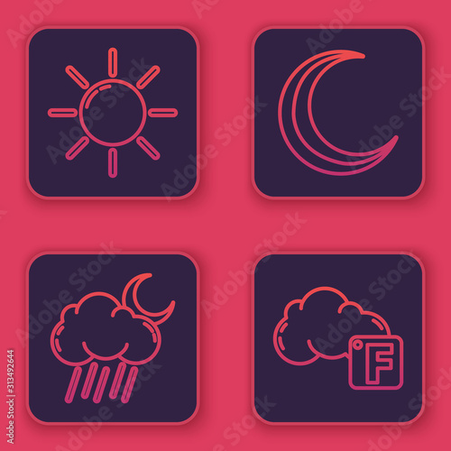 Set line Sun, Cloud with rain and moon, Moon and stars and Fahrenheit and cloud. Blue square button. Vector