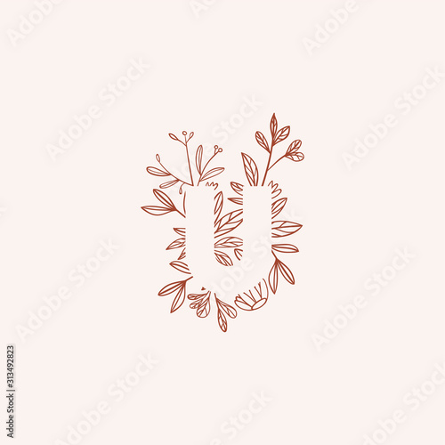 Negative space letter with flowers vector illustration. Isolated letter U made of flowers in elegant style. Outline of the letter of alphabet with thin floral background