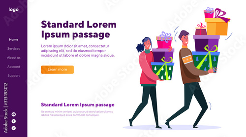 Man and woman carrying piles of Christmas gift boxes
