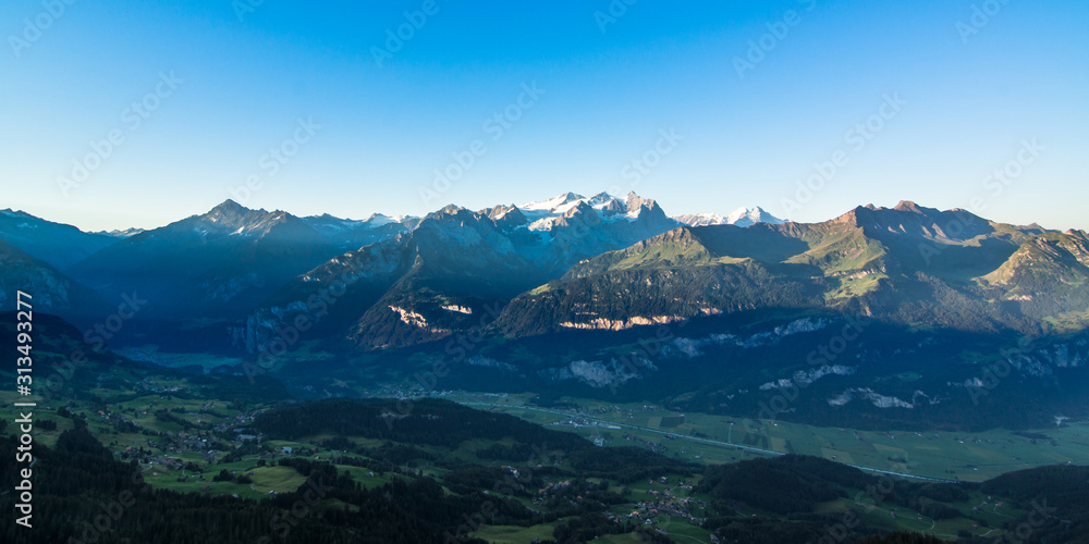 scenic view of the swiss alps during late summer or autumn in the evening