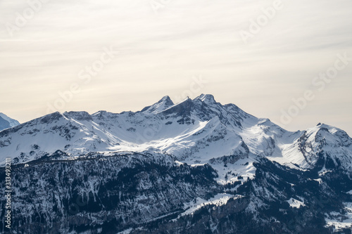 swiss alps during winter with mountains and trees covered with snow © stalmphotos