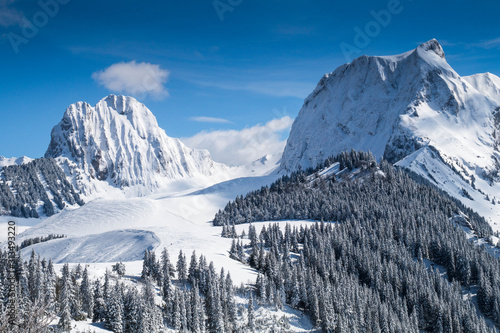 swiss alps during winter with mountains and trees covered with snow