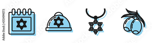 Set line Star of David necklace on chain, Jewish calendar with star of david, Jewish kippah with star of david and Olives branch icon. Vector