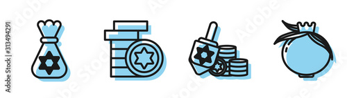 Set line Hanukkah dreidel and coin, Jewish money bag with star of david, Jewish coin and Pomegranate icon. Vector photo