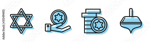 Set line Jewish coin, Star of David, Jewish coin on hand and Hanukkah dreidel icon. Vector