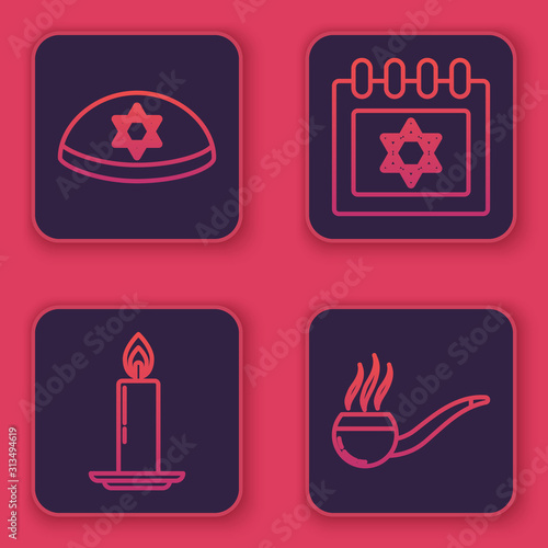 Set line Jewish kippah with star of david, Burning candle in candlestick, Jewish calendar with star of david and Smoking pipe with smoke. Blue square button. Vector
