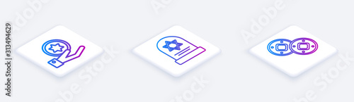 Set Isometric line Jewish coin on hand, Tombstone with star of david and Jewish coin. White square button. Vector photo