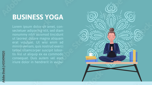Сoncept of meditation at work, health benefits for the body, mind and emotions, girl sits in the lotus position and meditates on the desk with hand drawn mandala on the background. Vector flat illustr