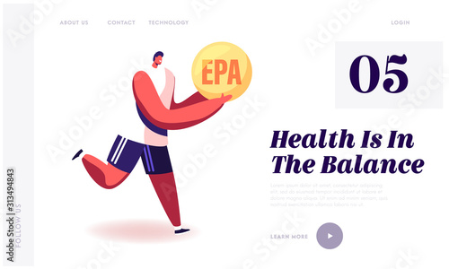 Omega Fats Bio Active Supplements Website Landing Page. Sportsman in Sportswear Running with EPA Eicosapentaenoic Acid Drop in Hands. Healthy Nutririon Web Page Banner Cartoon Flat Vector Illustration