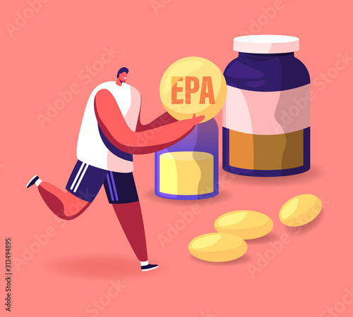 Sportsman in Sportswear Running with EPA Eicosapentaenoic Acid Drop in Hands with Huge Vitamin Bottles and Randomly Scattared Pills around. Bio Active Supplements Cartoon Flat Vector Illustration