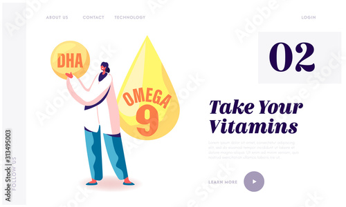 Omega Fat Improve Health from Brain to Heart Website Landing Page. Doctor Character Wearing White Robe Holding Huge Droplet of DHA Docosahexaenoic Acid Web Page Banner Cartoon Flat Vector Illustration