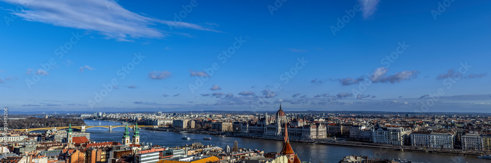 Expanded panorama of the central areas of the city of Budapest on the Danube River, Hungary.