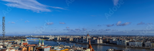 Expanded panorama of the central areas of the city of Budapest on the Danube River, Hungary.
