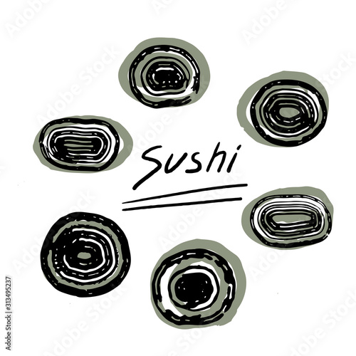 Frame set of copsticks holding with sushi roll  isolated. Concept vector illustration of snack, sushi, exotic nutrition, sea food. Template for sushi restaurant, cafe, delivery or your business works.