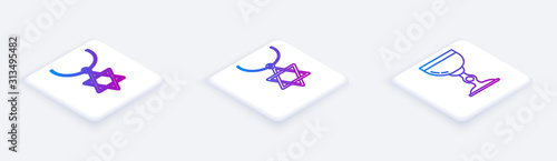 Set Isometric line Star of David necklace on chain, Star of David necklace on chain and Jewish goblet. White square button. Vector