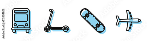 Set line Skateboard, Bus, Scooter and Plane icon. Vector