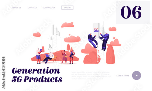 5g Technology Website Landing Page. Workers on Transmitter Tower Set Up High-speed Mobile Internet, City Dwellers Using New Generation Mobile Networks Web Page Banner. Cartoon Flat Vector Illustration