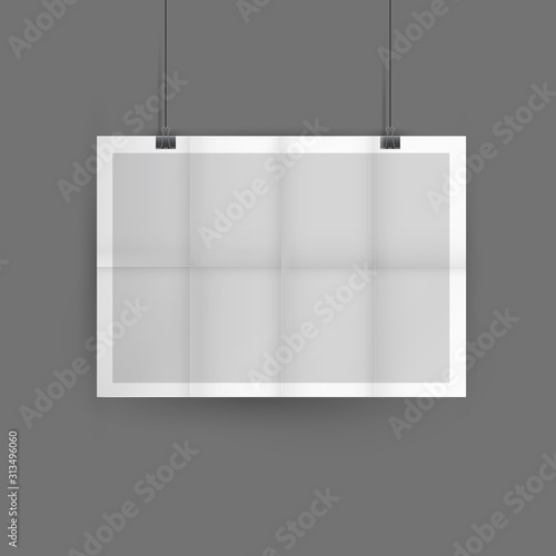 Blank folded vector poster mockup hanging on binder, placed in interior. Close-up of empty paper folded in eight. Layout, horizontal template. Soft shadows.