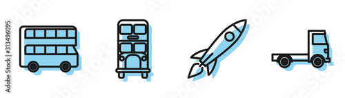 Set line Rocket ship with fire, Double decker bus, Double decker bus and Delivery cargo truck vehicle icon. Vector