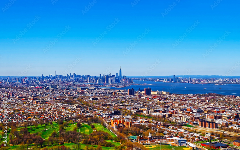 New York City aerial Panoramic view with urban skyline and residential buildings in Downtown Brooklyn. NYC, USA. Cityscape. American Panorama of Metropolis. NY in US. East River. Prospect Park