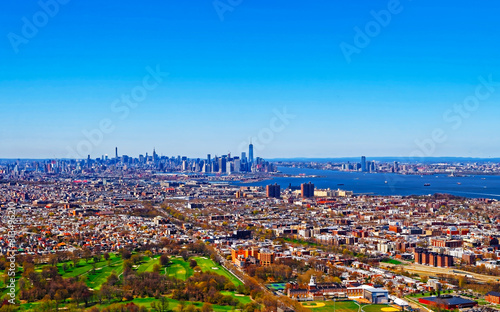 New York City aerial Panoramic view with urban skyline and residential buildings in Downtown Brooklyn. NYC, USA. Cityscape. American Panorama of Metropolis. NY in US. East River. Prospect Park © Roman Babakin