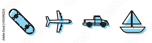 Set line Pickup truck, Skateboard, Plane and Yacht sailboat or sailing ship icon. Vector