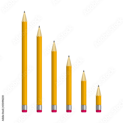 A set of pencils of different lengths vector illustration. Orange sharpened pencils with red erasers.