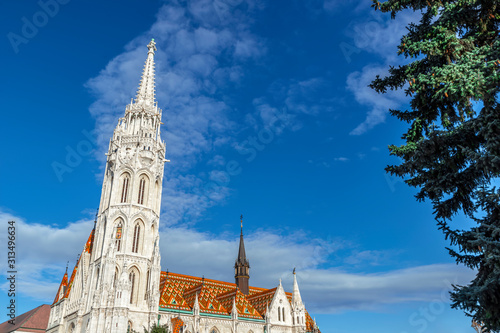 Fragment of Matthias Church on Holy Trinity Square in Budapest, Hungary.