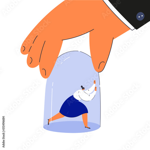 Gender inequality in employment concept.Tiny young woman under bell glass.Giant hand holding a bell.Sexism on work.Cartoon characters isolated on white background.Flat color vector illustration