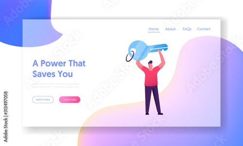 Authorization in Security System Website Landing Page. Man Holding Huge Key for Account or Smartphone Access Control. Identification of Person Web Page Banner. Cartoon Flat Vector Illustration