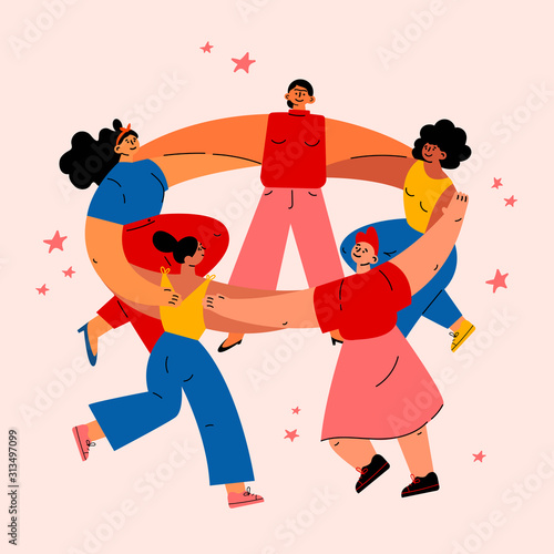 Feminism concept.Diverse international and interracial women dancing together in circle.Feminine and feminism ideas,woman empowerment.Cartoon characters.Colorful illustration on white background.