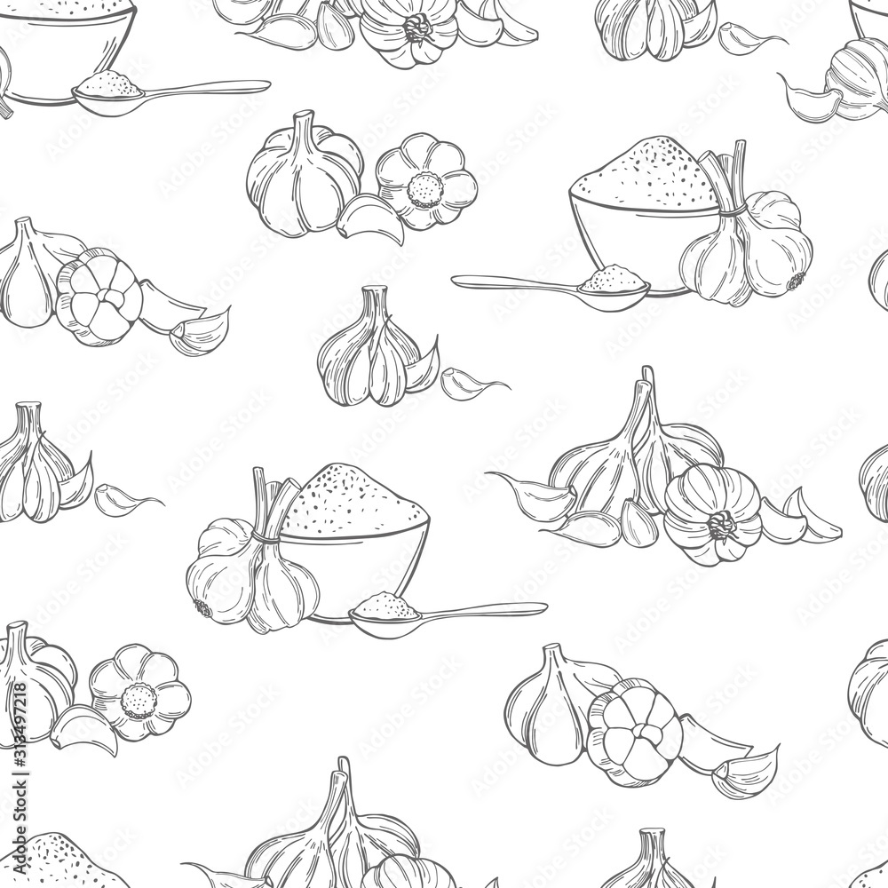 Hand drawn garlic set. Vector seamless pattern