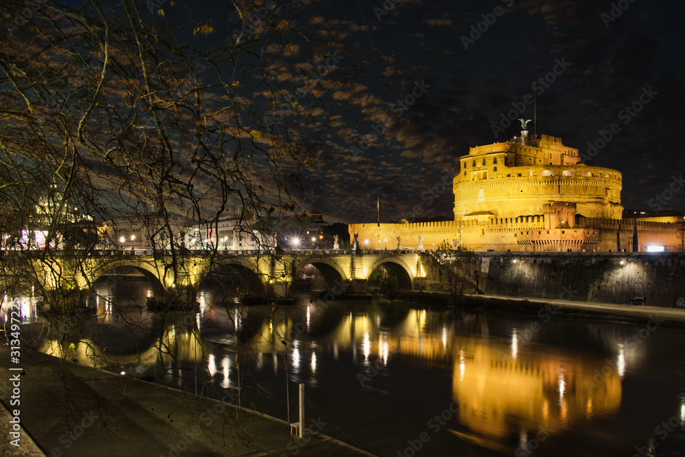 Night view from San Angel Castle reflecting on the tiber river.