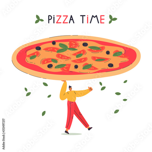 Young man hold hot pizza.Delivery concept with text.Pizza time lettering.Man like margarita pizza.Cartoon character isolated on white background.Colorful flat vector illustration.