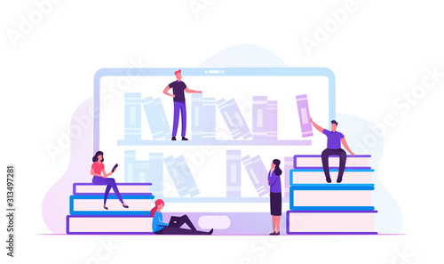 Online Library Concept. People Reading E-books and Study at School Using E-library. Tiny Characters at Huge Laptop Screen with Bookshelves with Media Books Archive. Cartoon Flat Vector Illustration