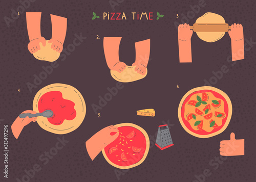 Hands knead dough and making pizza,line drawing isolated symbols for bakery at dark background.Stages of preparing pizza.Making pastry,bread,bakery.Cartoon style.Colorful flat vector illustration.