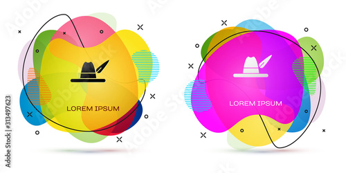 Color Oktoberfest hat icon isolated on white background. Hunter hat with feather. German hat. Abstract banner with liquid shapes. Vector Illustration