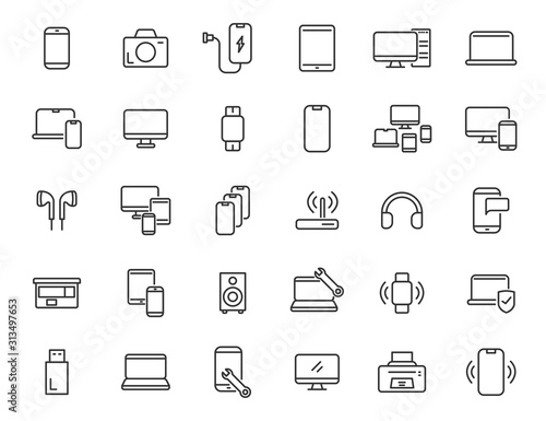 Set of linear electronics icons. Computer technology icons in simple design. Vector illustration