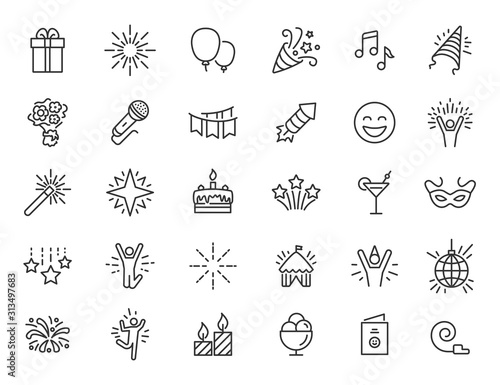 Set of linear party icons. Celebration icons in simple design. Vector illustration