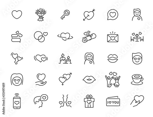 Set of linear love icons. Relationship icons in simple design. Vector illustration