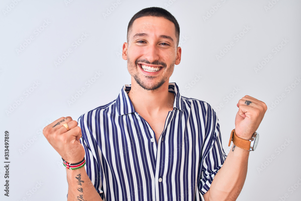Young handsome man wearing nautical striped shirt standing over isolated background celebrating surprised and amazed for success with arms raised and open eyes. Winner concept. Young handsome man wearing nautical striped shirt standing over isolated background celebrating surprised and amazed for success with arms raised and open eyes. Winner concept.