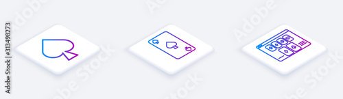 Set Isometric line Playing card with spades symbol, Playing card with spades symbol and Online poker table game. White square button. Vector