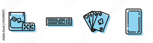 Set line Playing cards, Game dice and glass of whiskey with ice cubes, Deck of playing cards and Playing card back icon. Vector