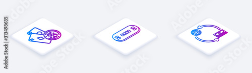Set Isometric line Playing cards and glass of whiskey with ice cubes, Poker table and Casino chips exchange on stacks of dollars. White square button. Vector