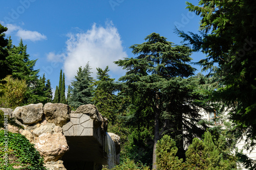 Beautiful view of landscape park with many rare and relict evergreens, cascade waterfall with large stones wall in park Aivazovsky, Partenit. Crimea.
