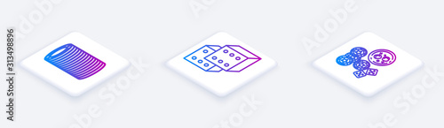 Set Isometric line Casino chips, Game dice and Casino chips, game dice and glass of whiskey with ice cubes. White square button. Vector