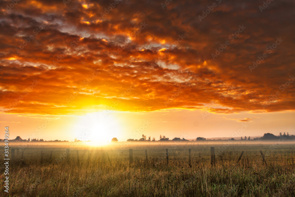 Dramatic vibrant cloudscape at dawn over mist and fog with a sun flare on the horizon on the farm Dramatic vibrant cloudscape at dawn over mist and fog with a sun flare on the horizon on the farm