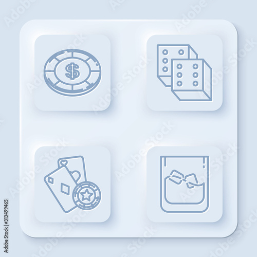 Set line Casino chip with dollar symbol, Game dice, Casino chip and playing cards and Glass of whiskey and ice cubes. White square button. Vector