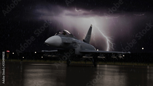 Eurofighter jet in airport heading toward runway to take off  while under thunderstorm and rain 3d render photo