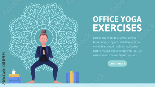 Website template with girl doing yoga exercise and get calm in office on the background with hand drawn mandala. Relax, meditation, good time management concept. Vector flat illustration.